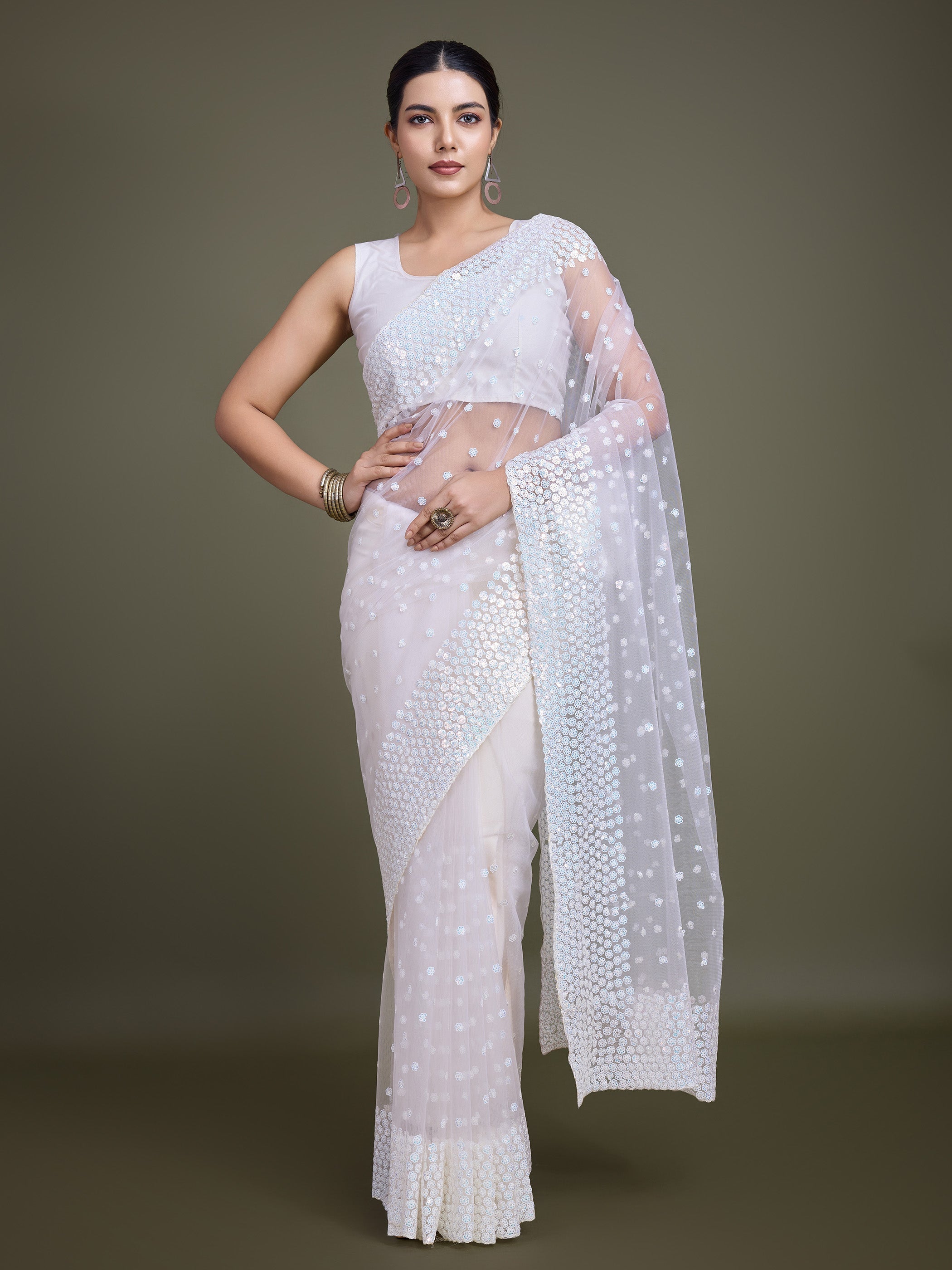Off White Soft Net Sequins Designer Saree