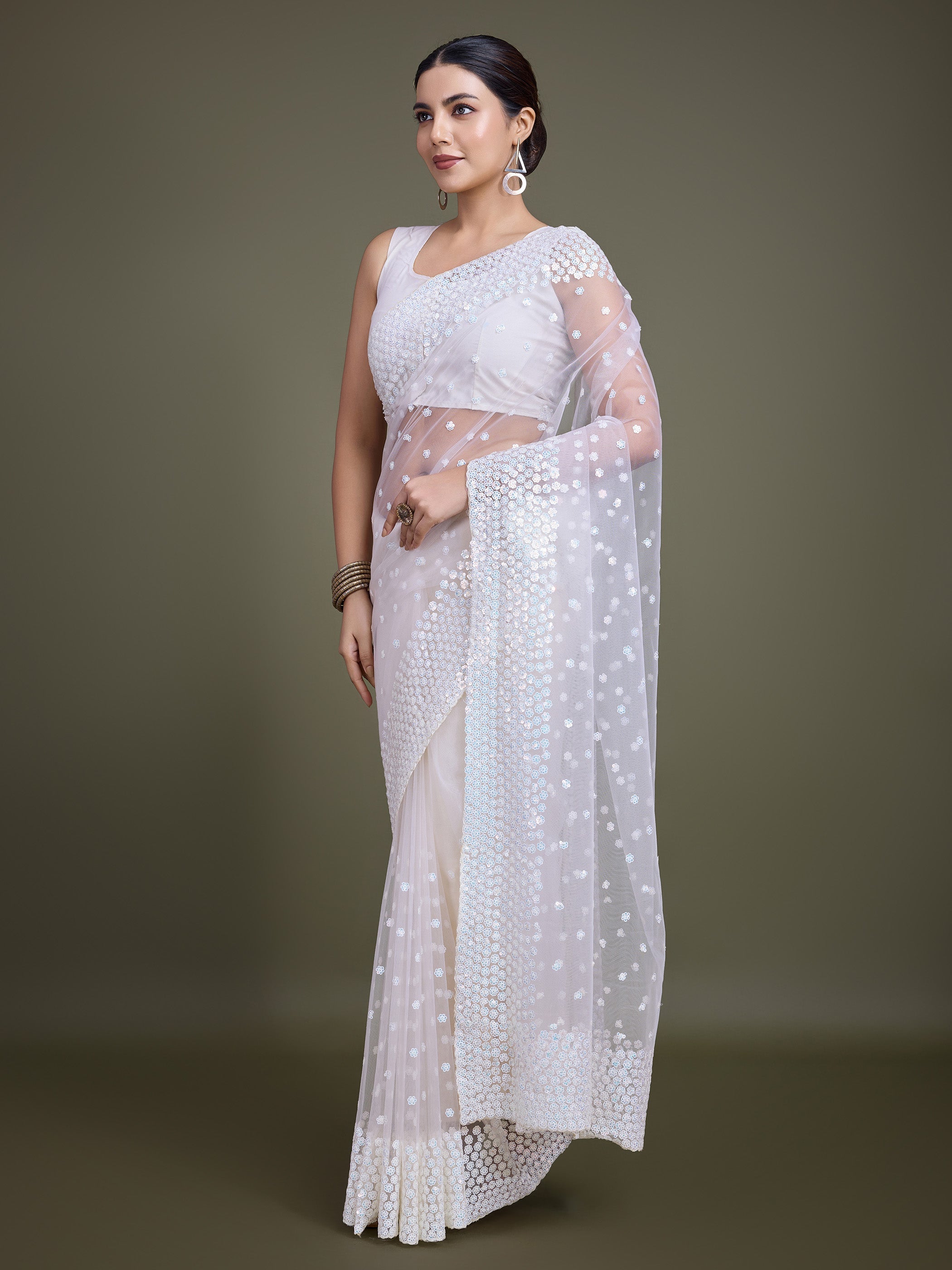 Off White Soft Net Sequins Designer Saree