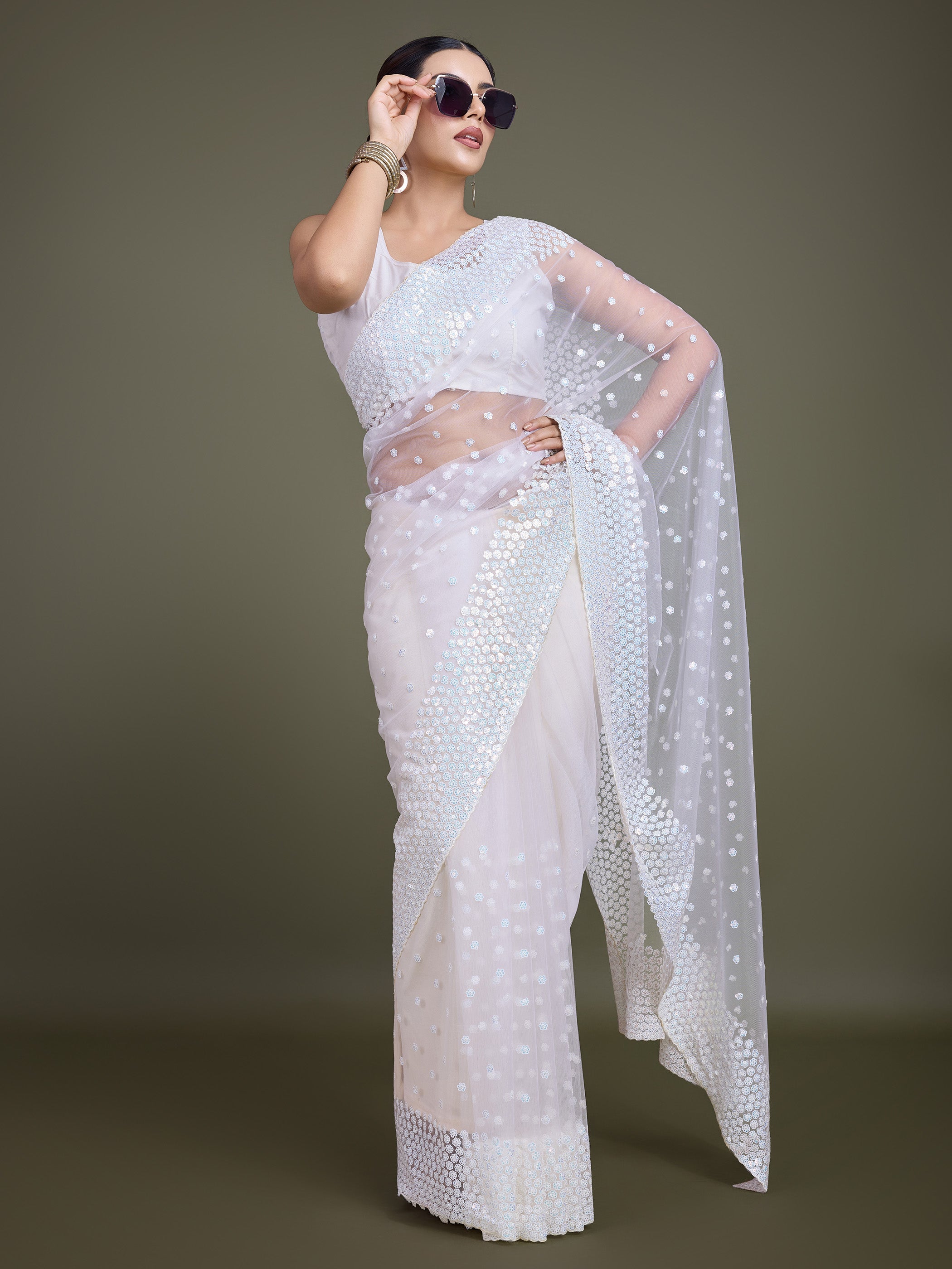 Off White Soft Net Sequins Designer Saree