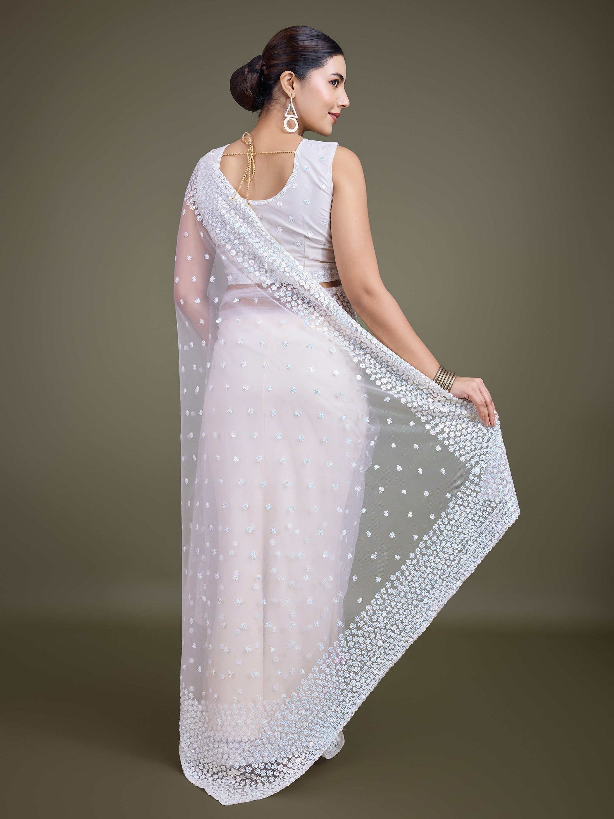 Off White Soft Net Sequins Designer Saree