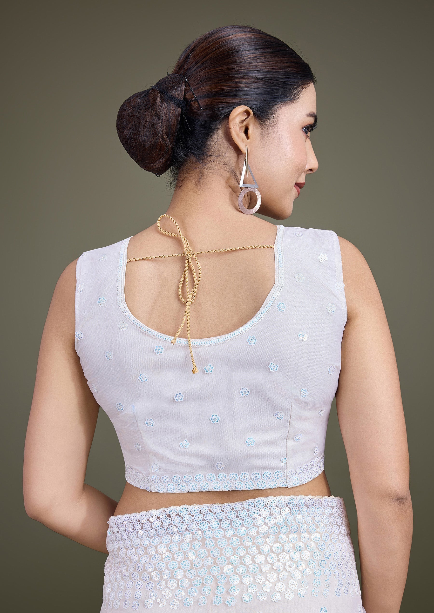 Off White Soft Net Sequins Designer Saree