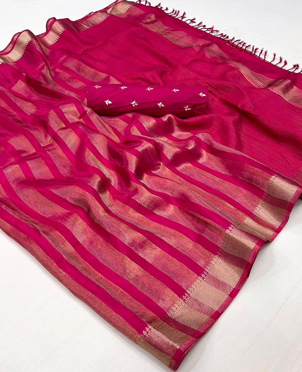 Rani Pink Traditional Zari Woven Viscose Silk Saree