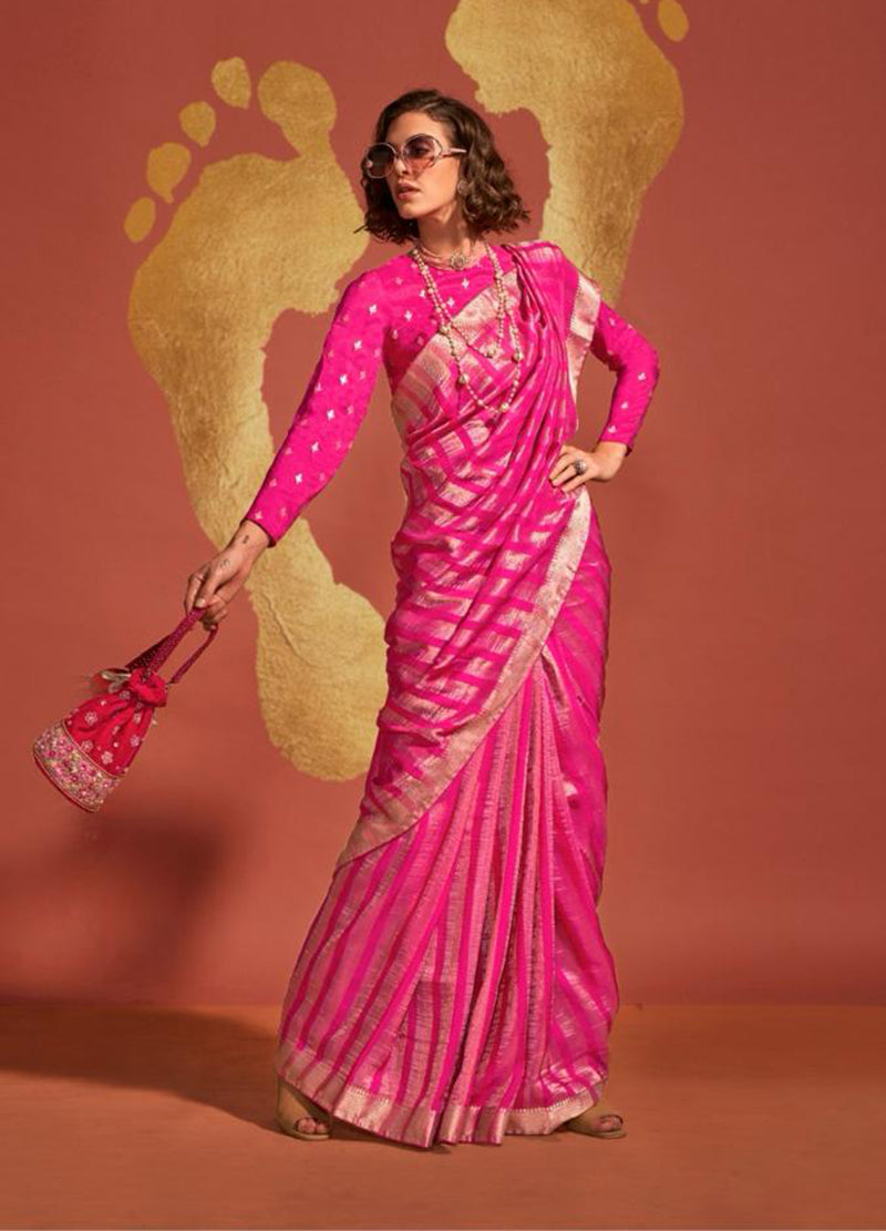 Rani Pink Traditional Zari Woven Viscose Silk Saree