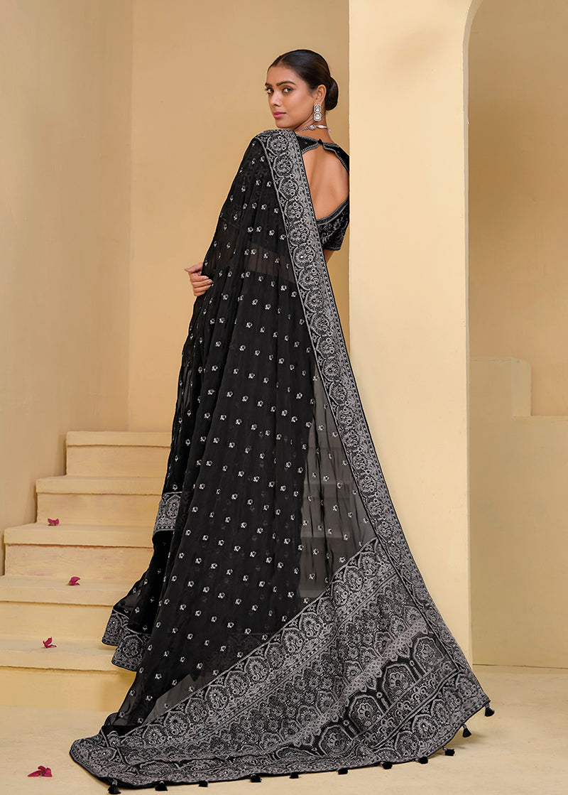Black Tuscany Soft Organza Silk Sequins Work Classic Saree