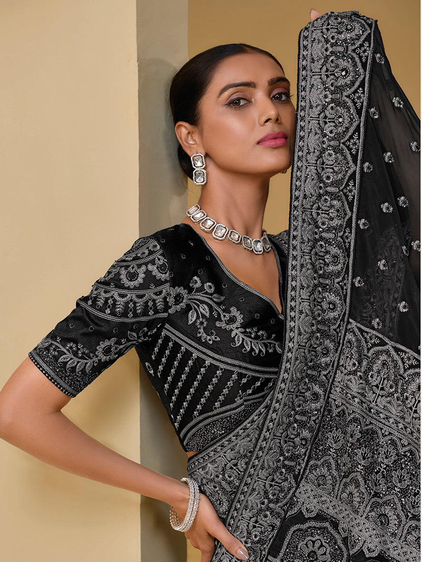 Black Tuscany Soft Organza Silk Sequins Work Classic Saree