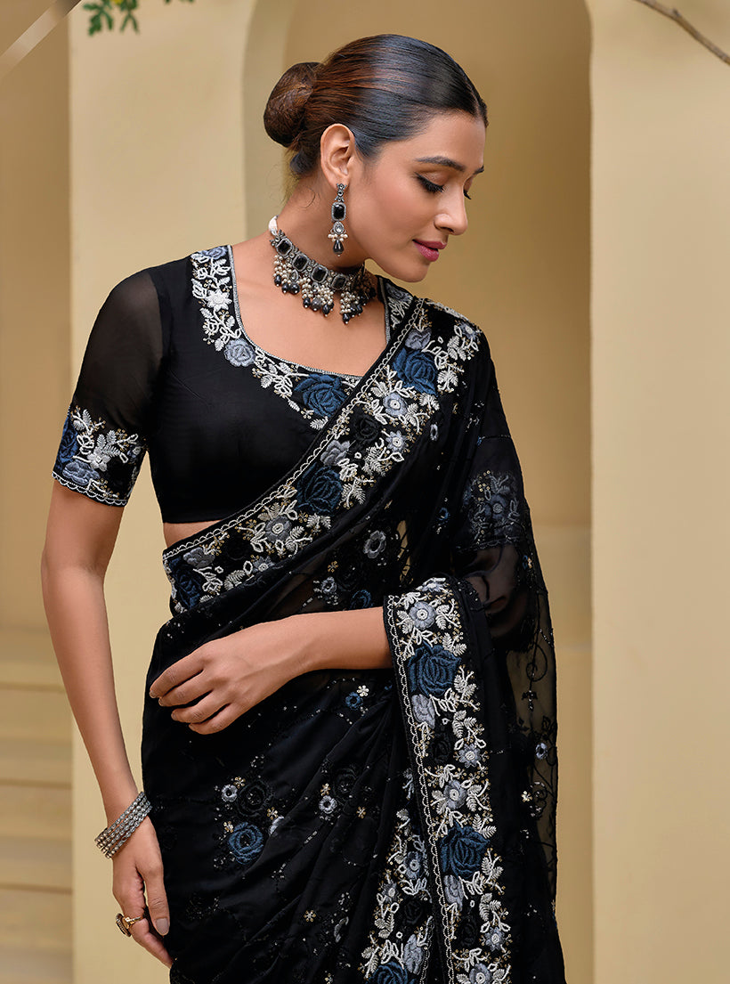 Black Tuscany Soft Organza Silk Sequins Work Classic Saree