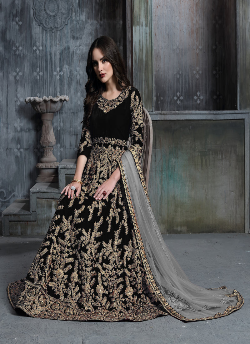 Black Velvet Heavy Work Floor Length Anarkali Suit
