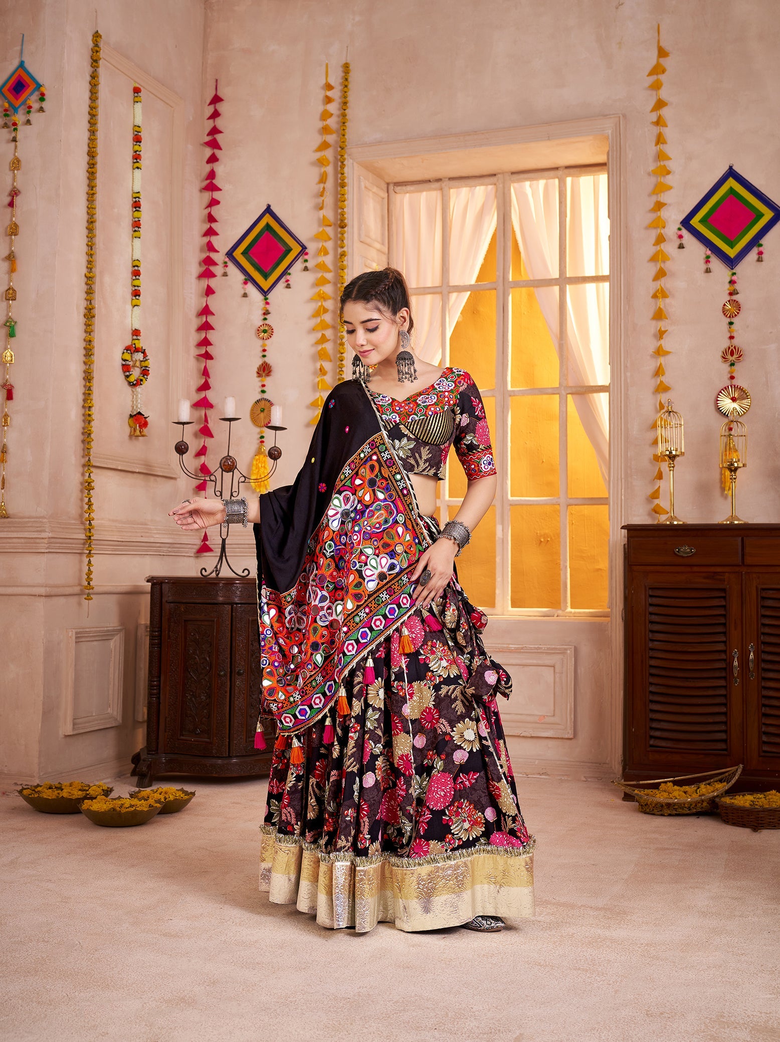 Black Viscose Cotton Navratri Lehenga Choli with Kutchi Patch & Mirror Work