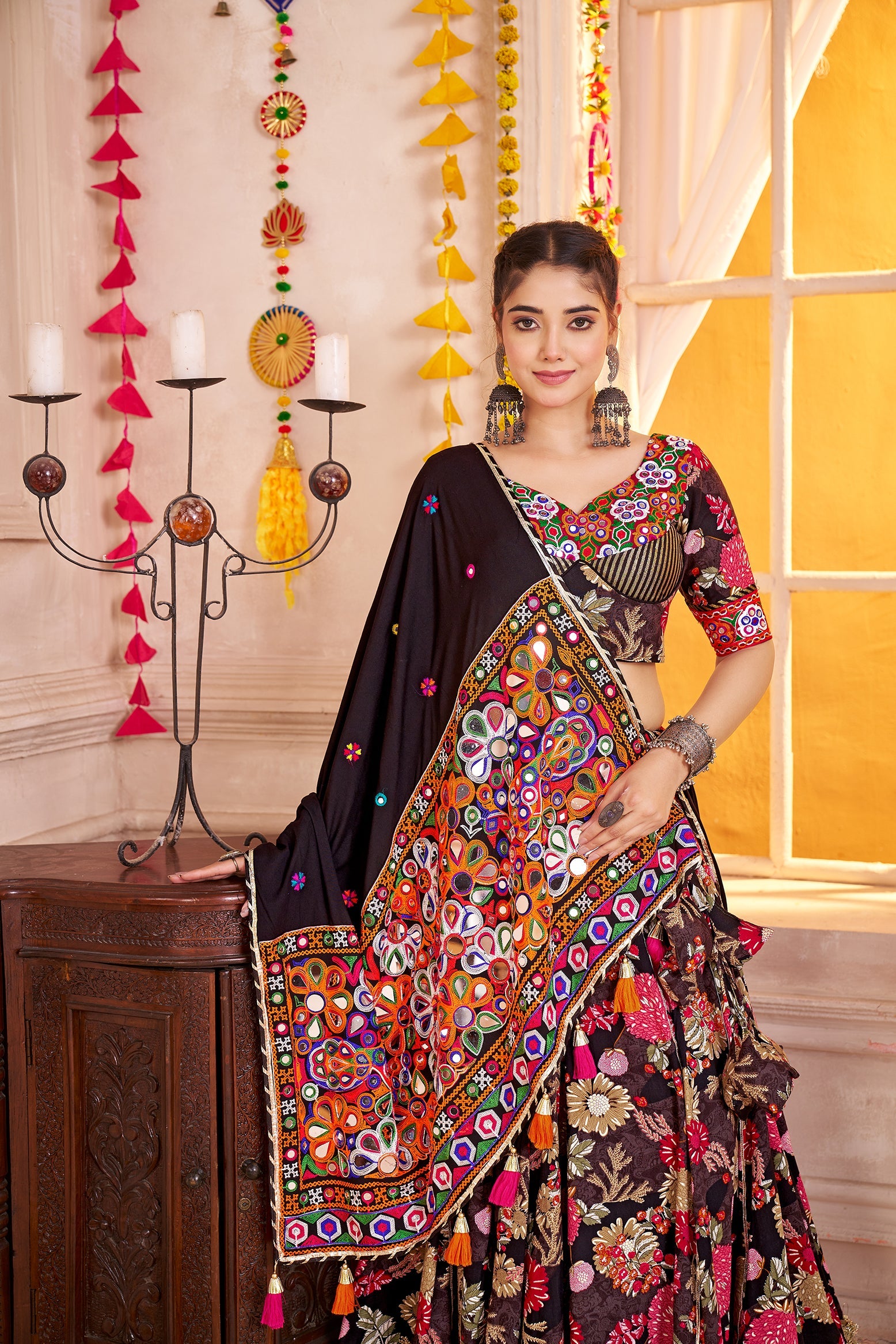 Black Viscose Cotton Navratri Lehenga Choli with Kutchi Patch & Mirror Work