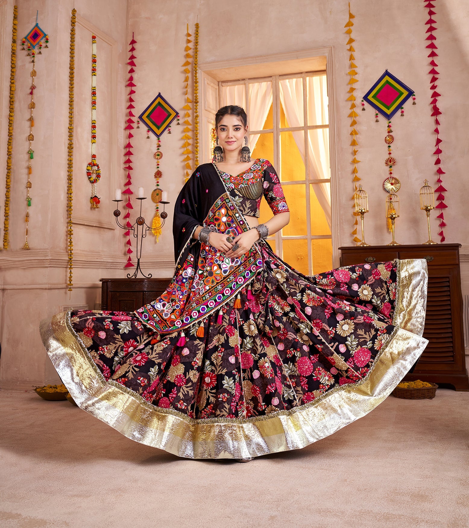 Black Viscose Cotton Navratri Lehenga Choli with Kutchi Patch & Mirror Work