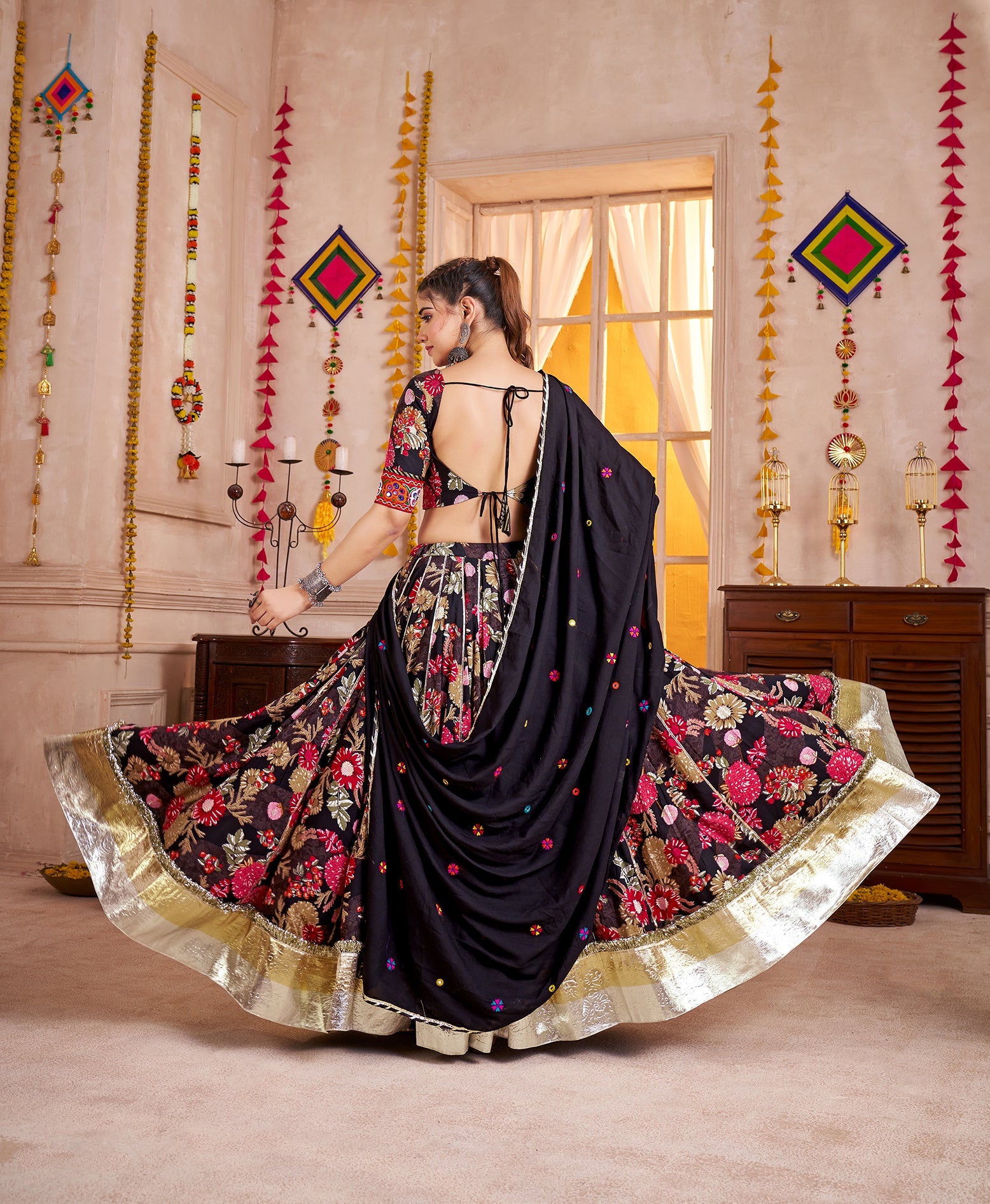 Black Viscose Cotton Navratri Lehenga Choli with Kutchi Patch & Mirror Work
