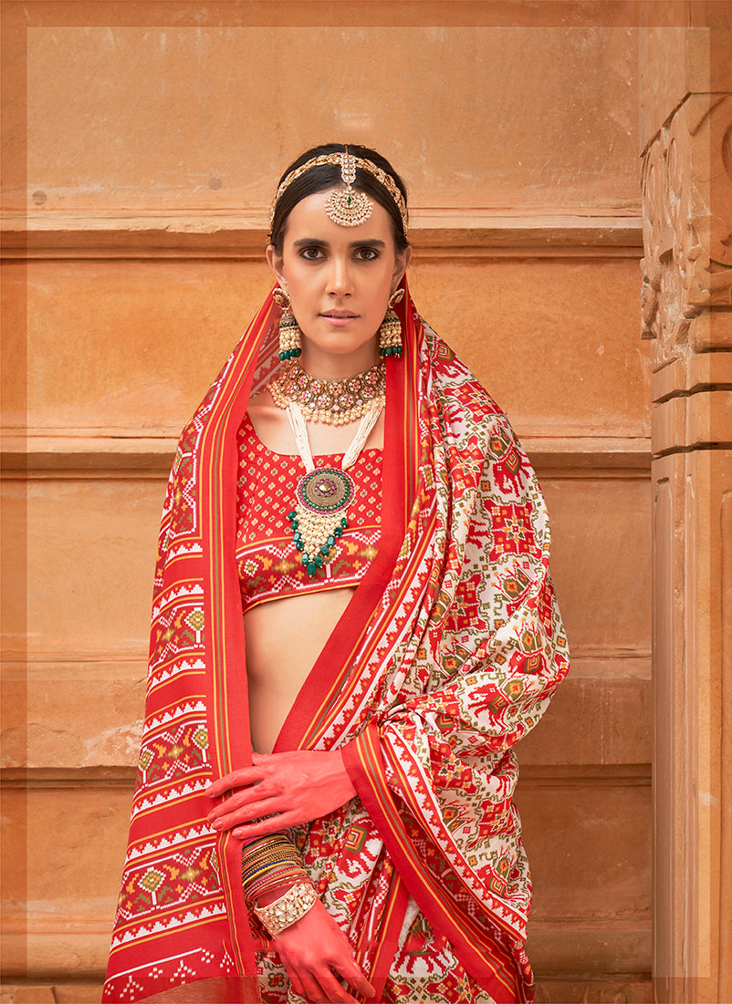 Off White & Red Silk Patola Print Saree
