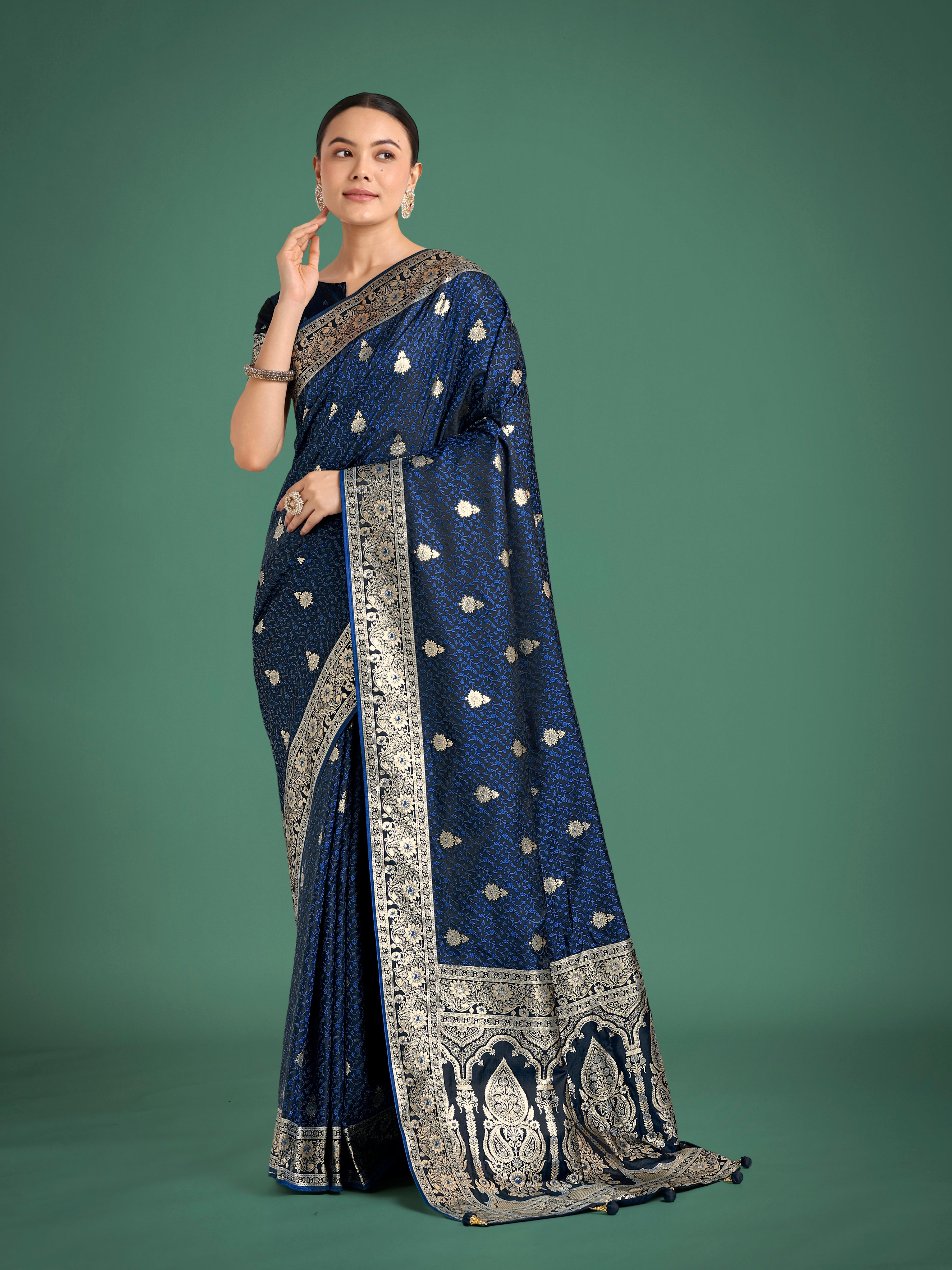 Blue Banarasi Satin Silk Saree with Intricate Zari Woven Work