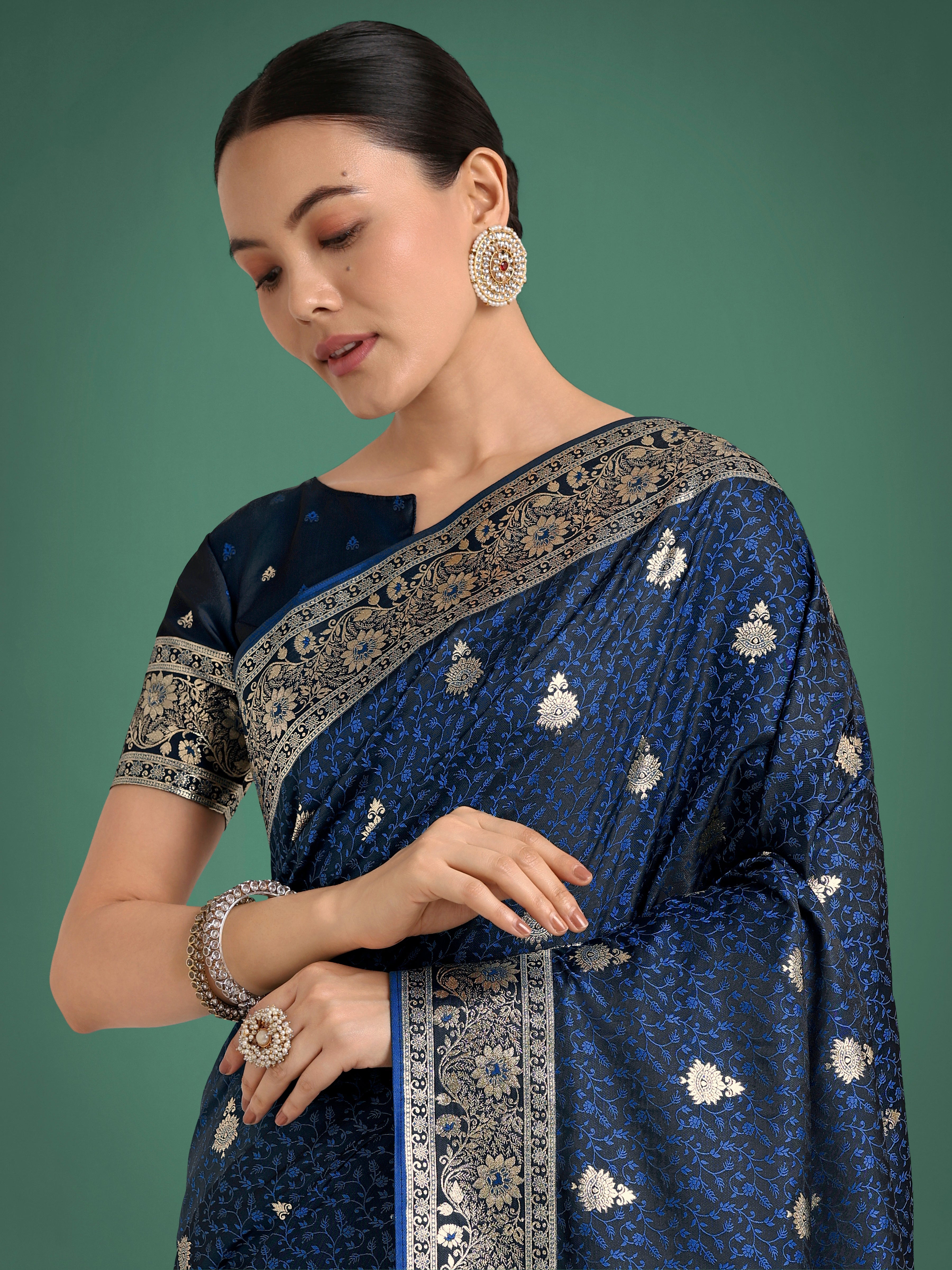 Blue Banarasi Satin Silk Saree with Intricate Zari Woven Work