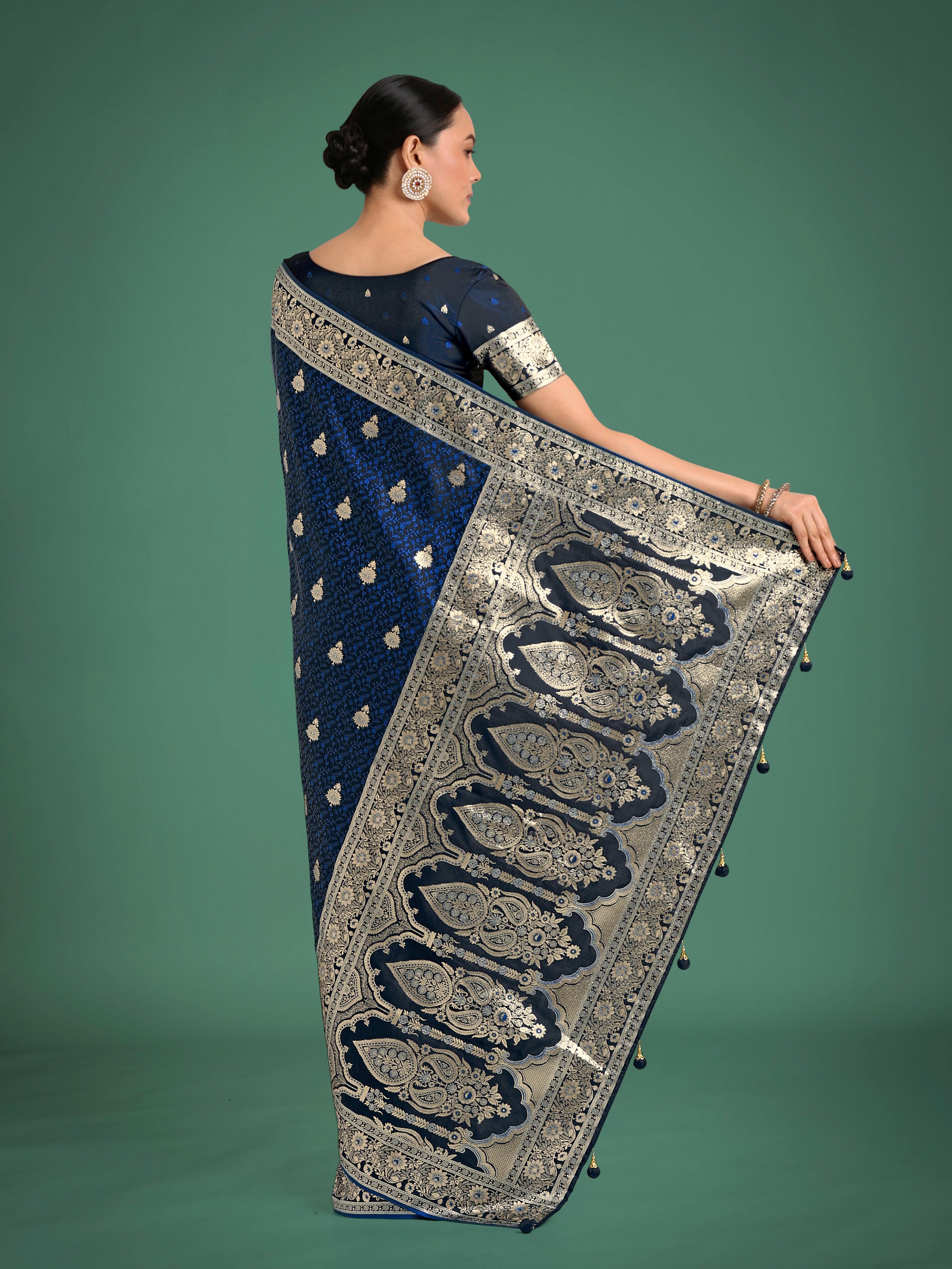 Blue Banarasi Satin Silk Saree with Intricate Zari Woven Work