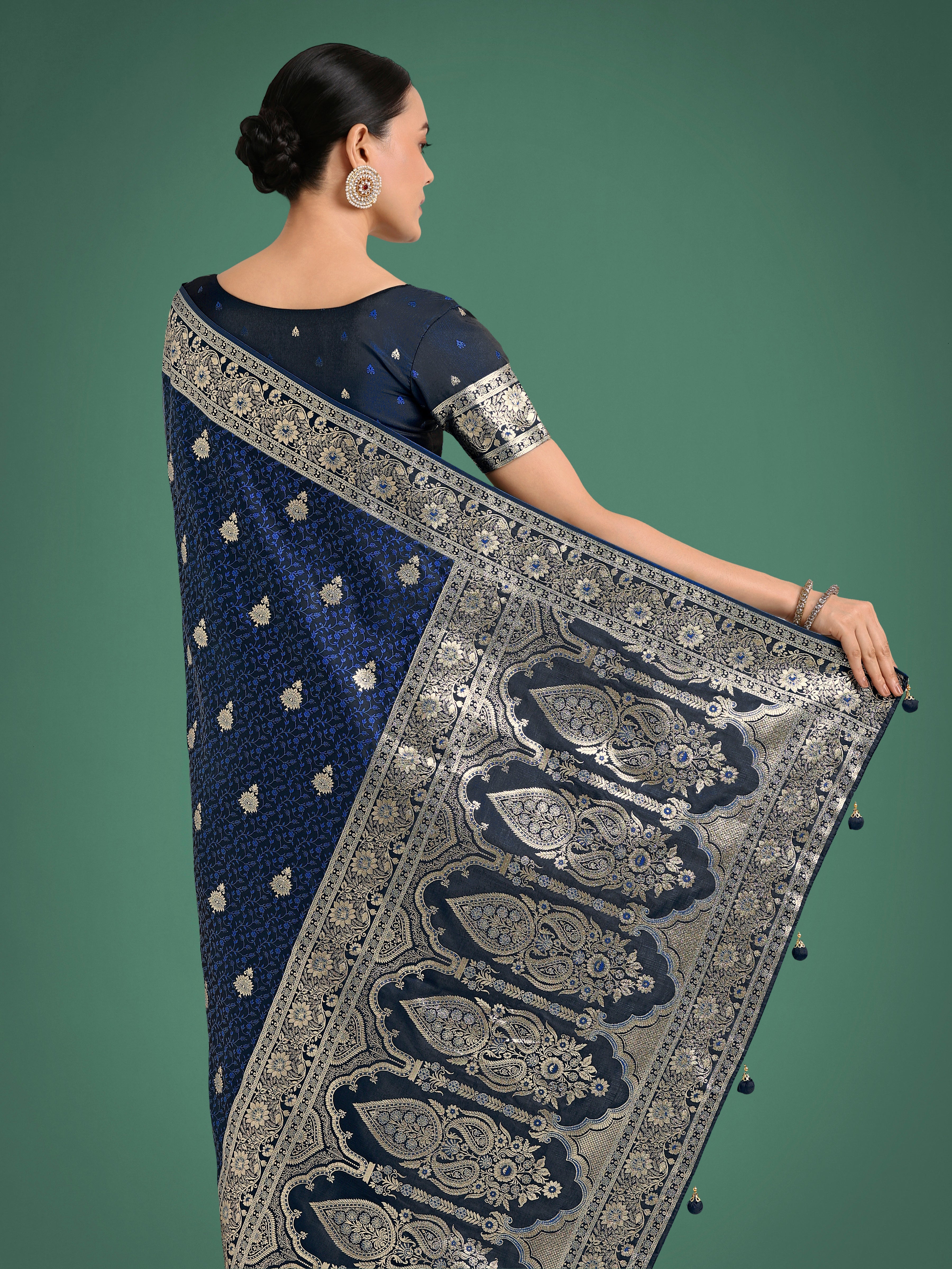 Blue Banarasi Satin Silk Saree with Intricate Zari Woven Work