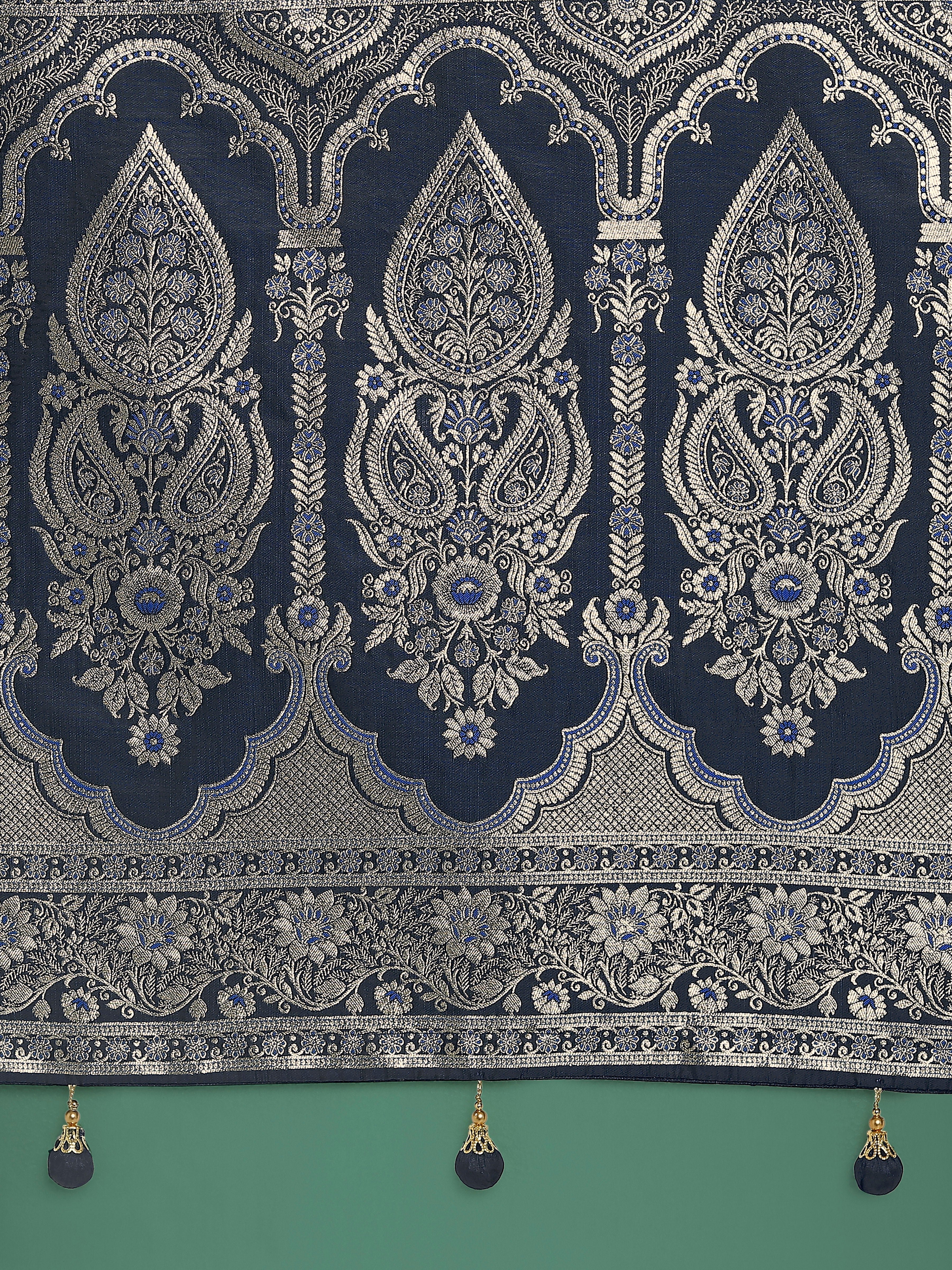Blue Banarasi Satin Silk Saree with Intricate Zari Woven Work