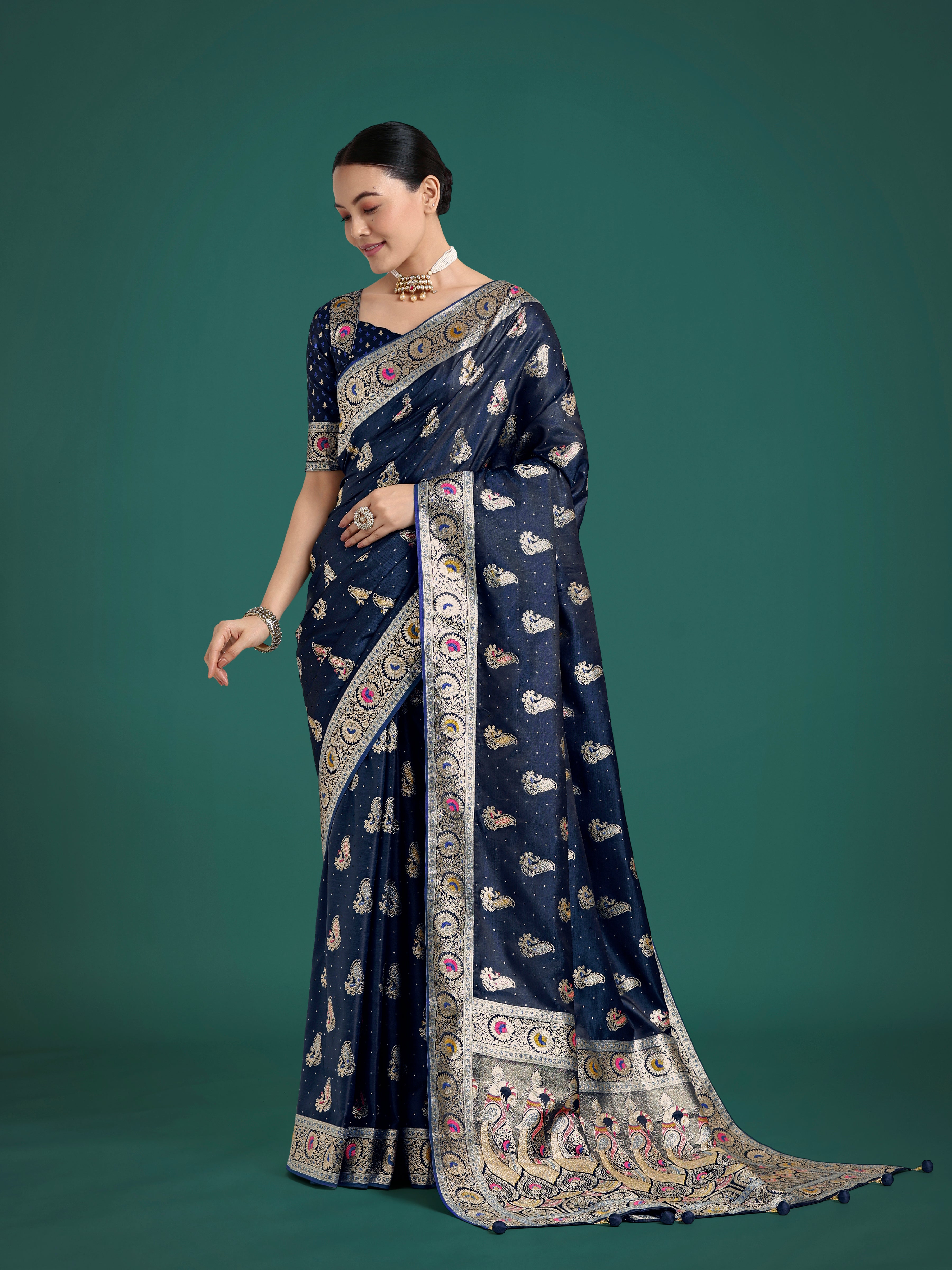 Blue Color Festival Wear Banarasi Satin Silk Designer Zari Weaving Saree