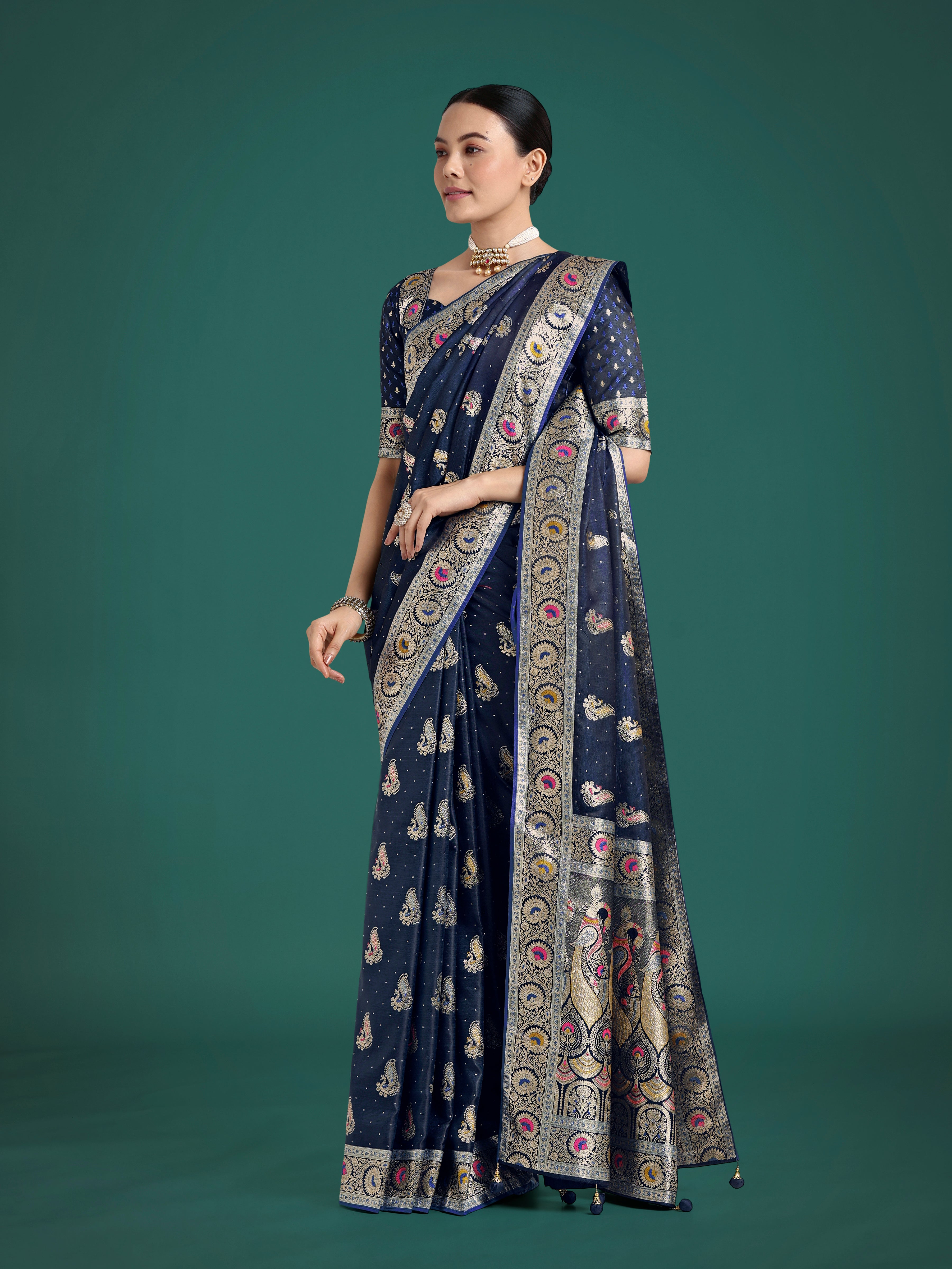 Blue Color Festival Wear Banarasi Satin Silk Designer Zari Weaving Saree