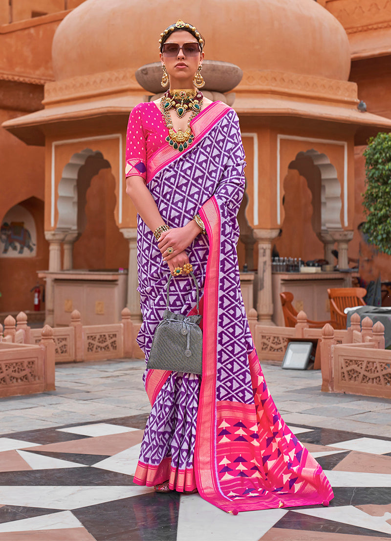 Purple Cotton Silk Foil Print Work Saree