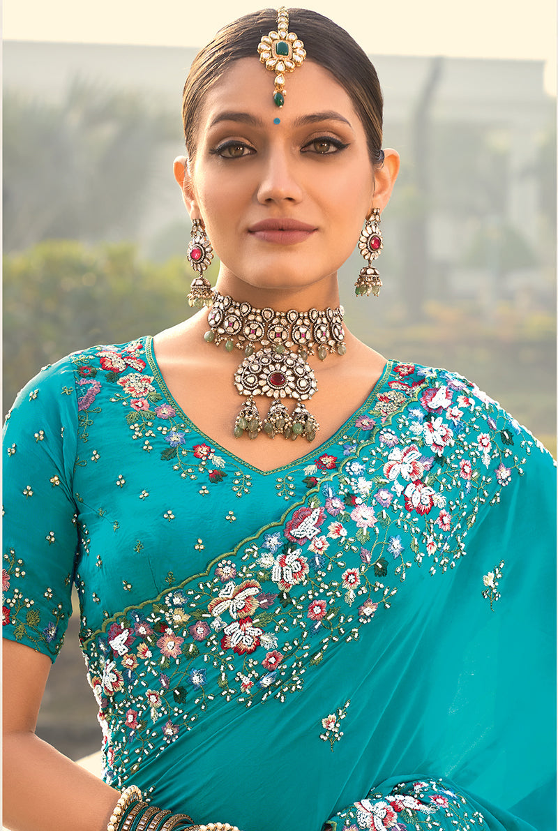 Blue Crepe Silk Cut-Dana & Thread Work Saree