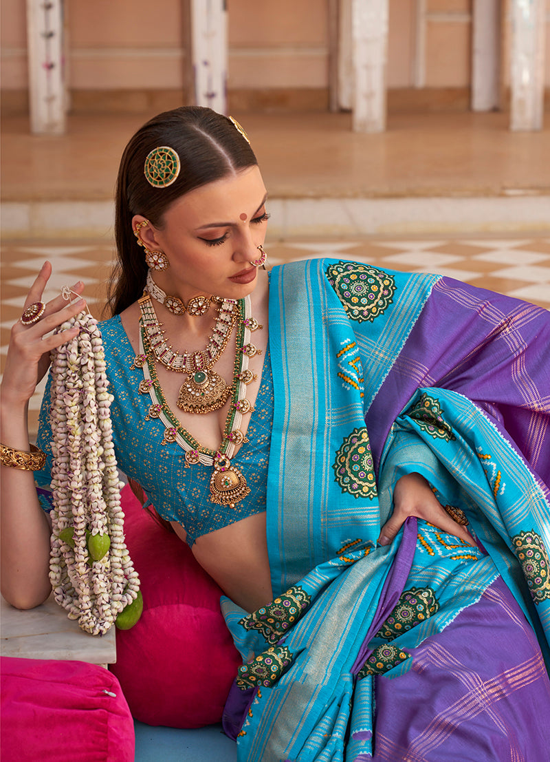 Purple & Aqua Blue Silk Foil Print Patola Saree