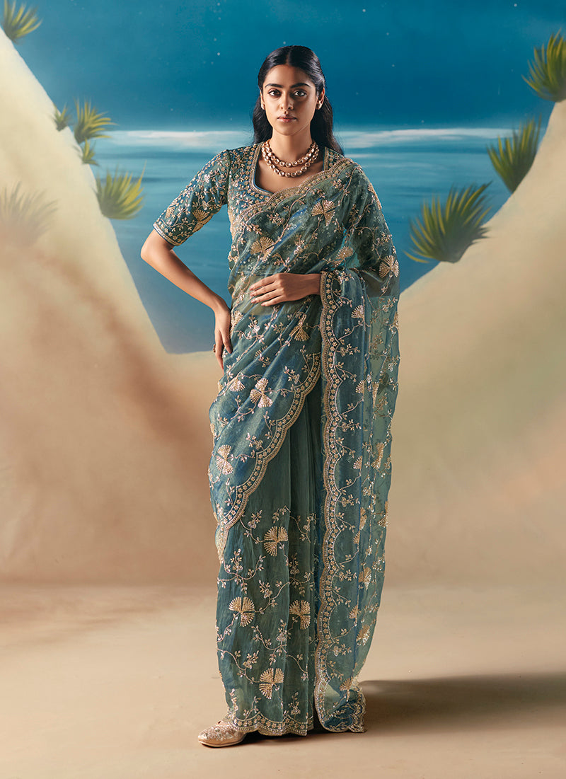 Blue Premium Fancy Fabric With Designer Embroidery Sequence Work Saree