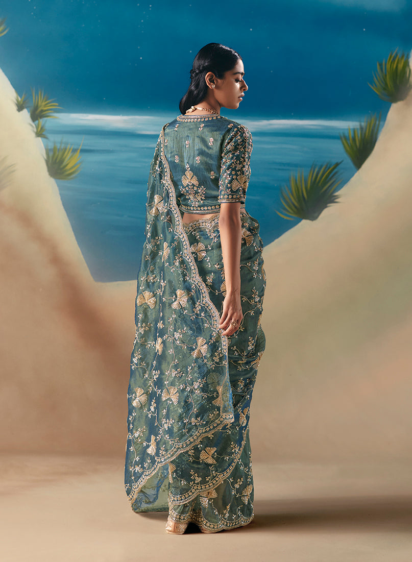 Blue Premium Fancy Fabric With Designer Embroidery Sequence Work Saree