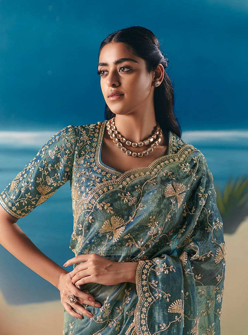Blue Premium Fancy Fabric With Designer Embroidery Sequence Work Saree