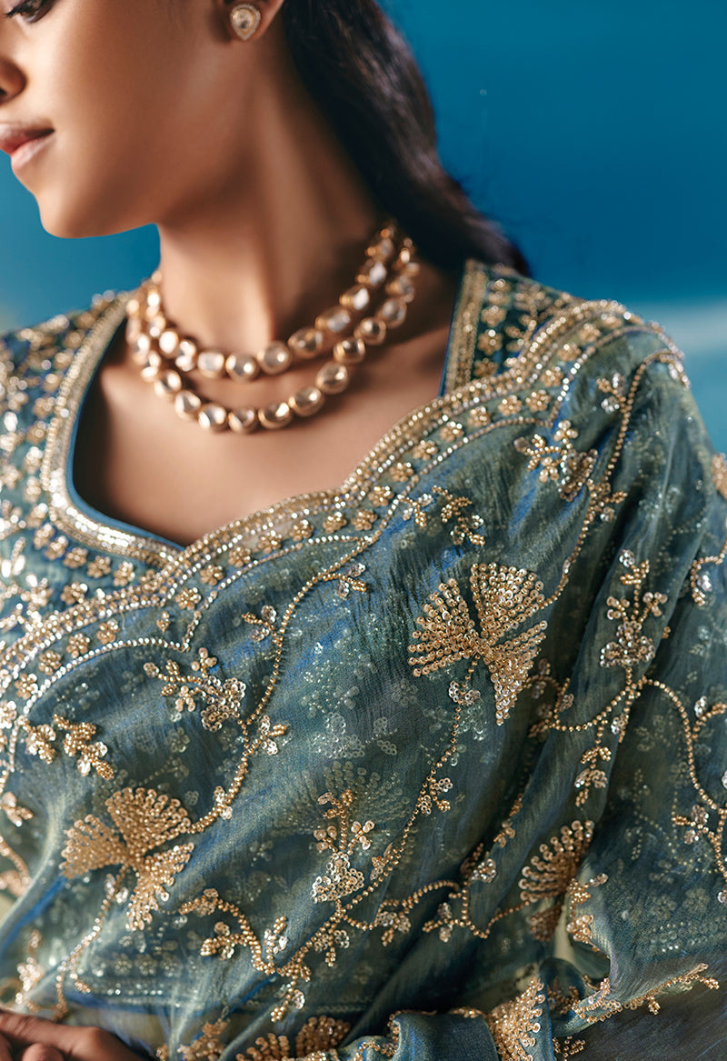 Blue Premium Fancy Fabric With Designer Embroidery Sequence Work Saree