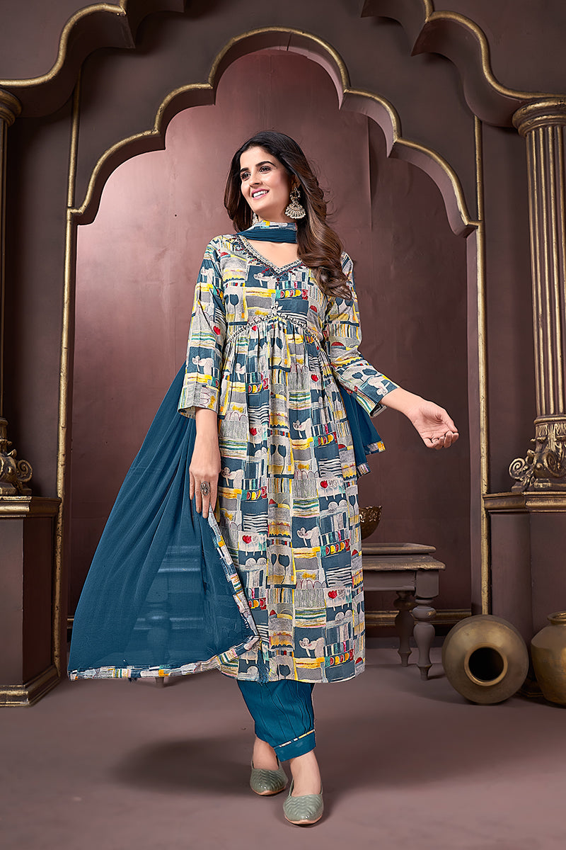 Blue Rayon Printed Festival Wear Afghani Suit