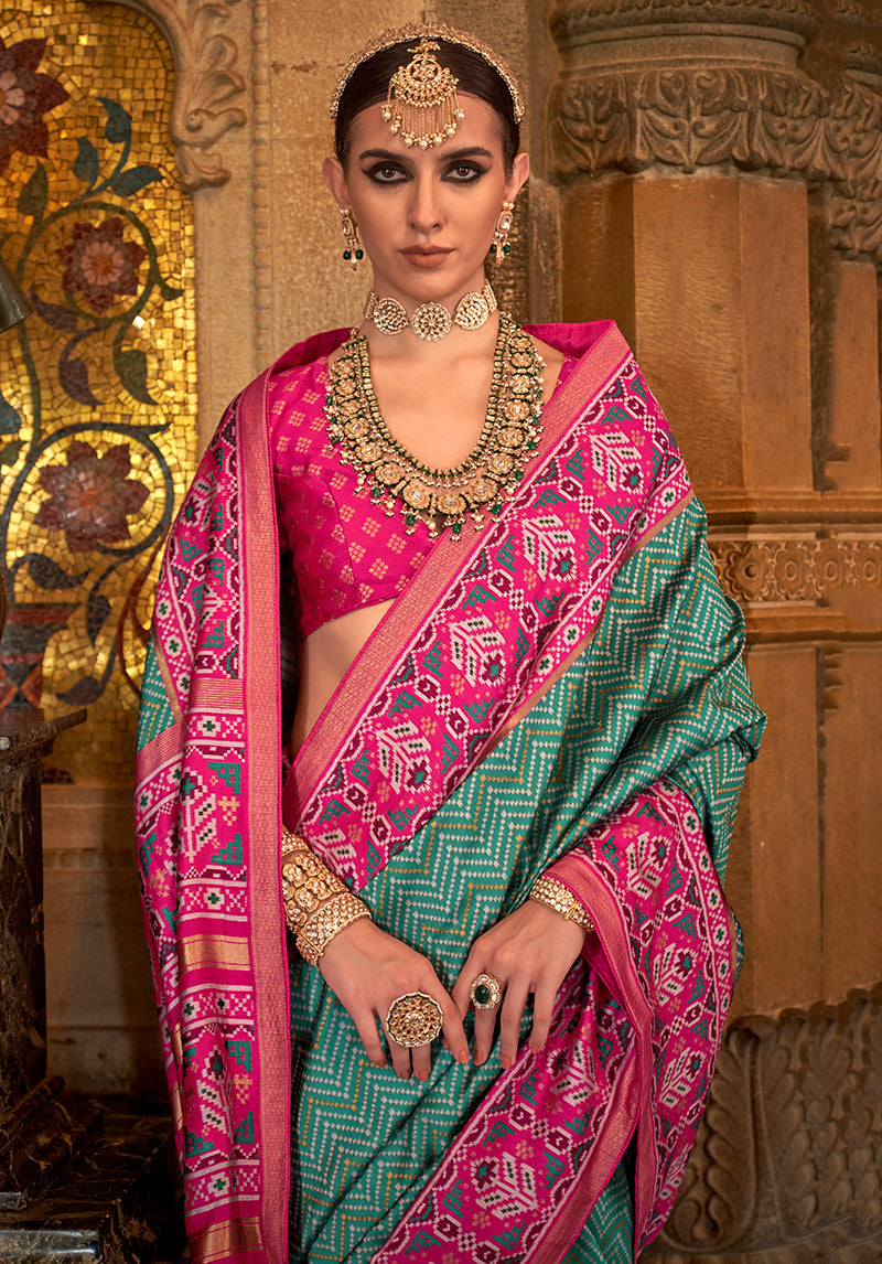 Sea Green Silk Patola Print Work Saree
