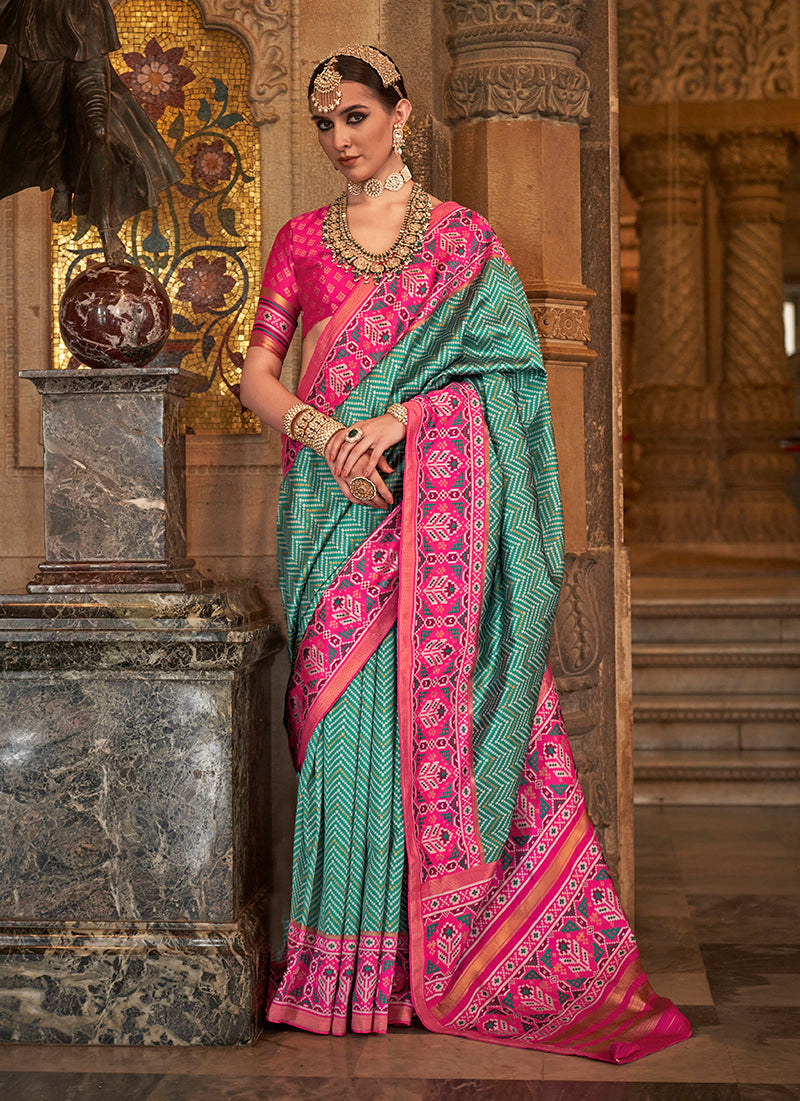 Sea Green Silk Patola Print Work Saree