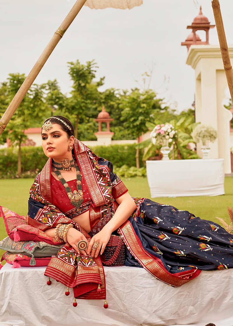 Navy Blue & Maroon Silk patola Printed Saree