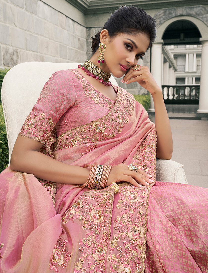 Pink Tussar Silk Embroidered Work Saree