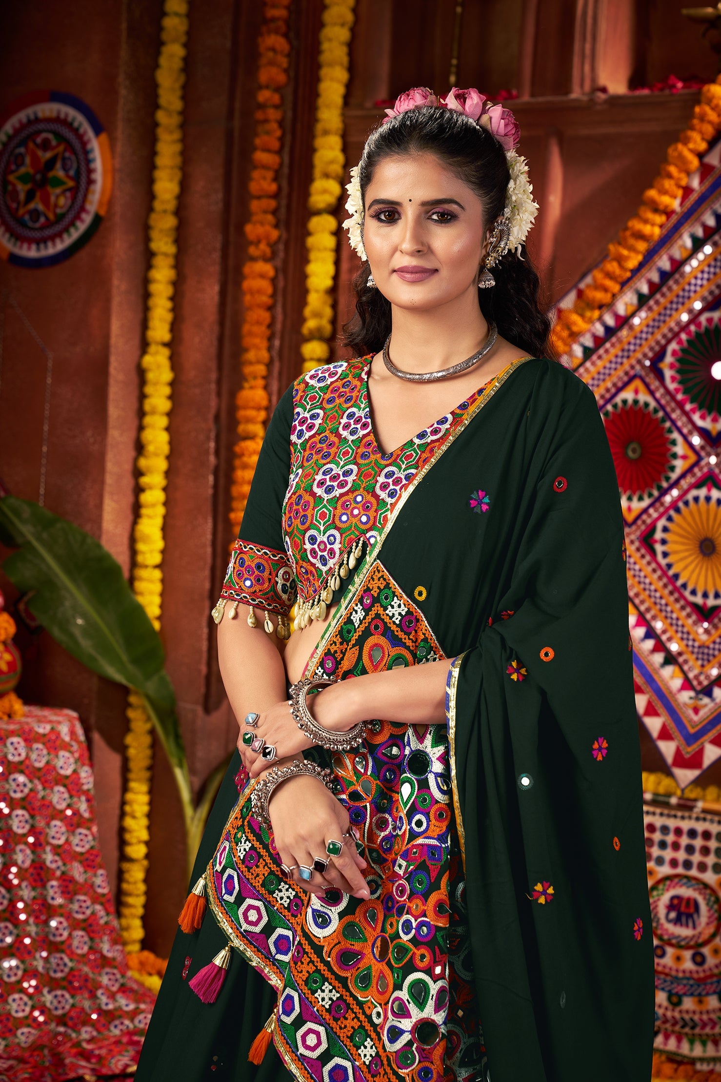 Bottle Green Color Navratri Lehenga Choli in Viscose Cotton with Kutchi Mirror Work