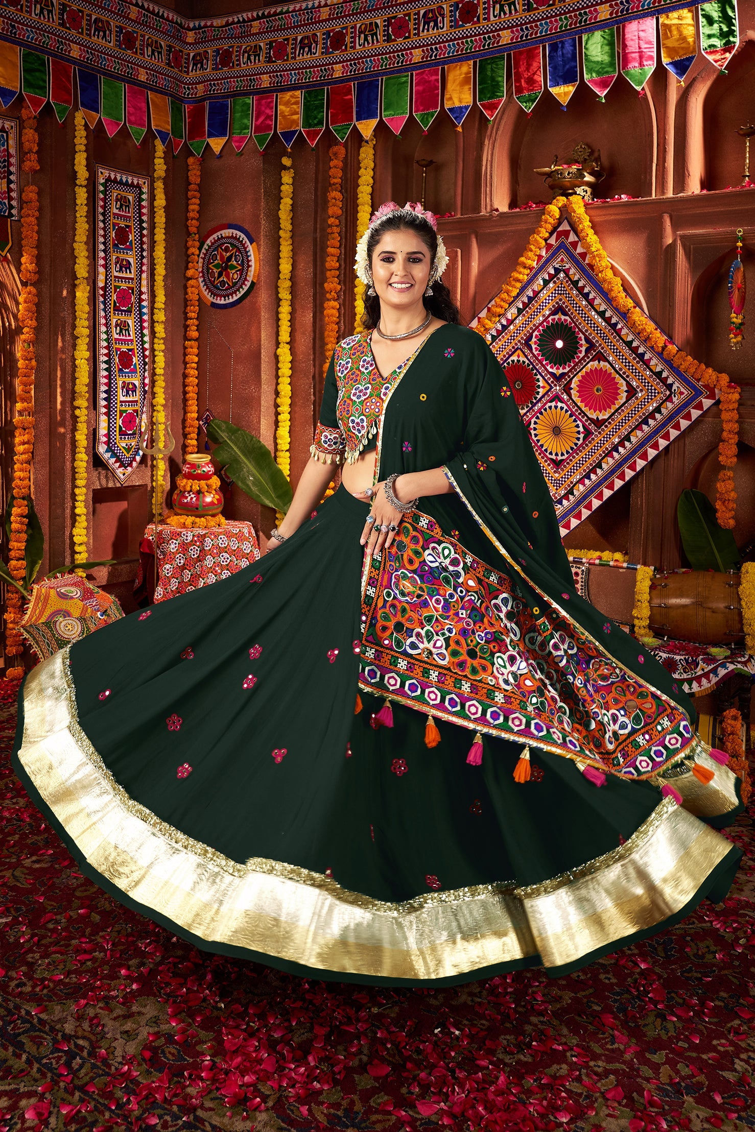 Bottle Green Color Navratri Lehenga Choli in Viscose Cotton with Kutchi Mirror Work
