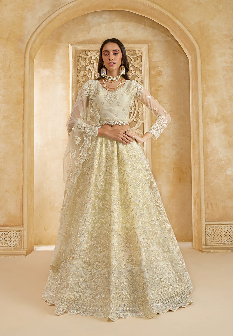 Off White Net Thread Embroidery Stone Work Lehenga Choli