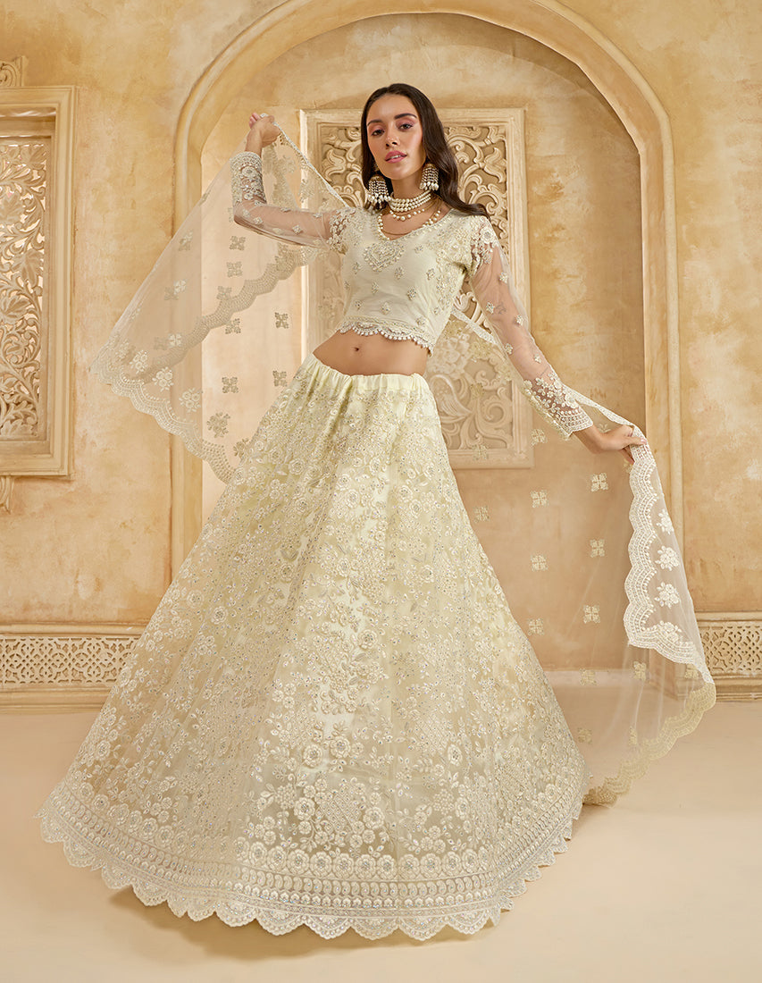Off White Net Thread Embroidery Stone Work Lehenga Choli