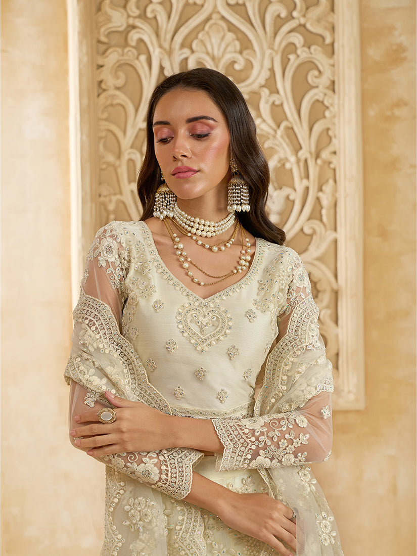 Off White Net Thread Embroidery Stone Work Lehenga Choli