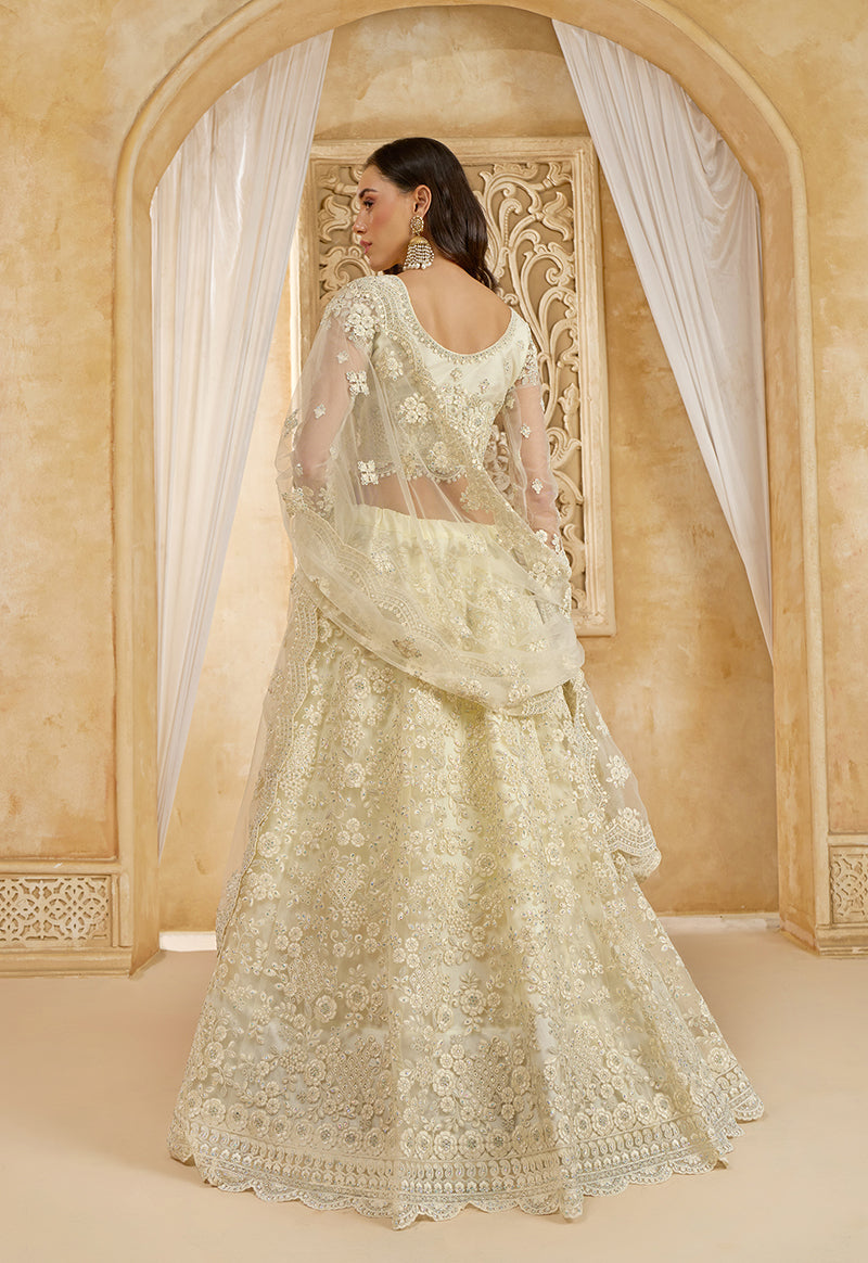 Off White Net Thread Embroidery Stone Work Lehenga Choli