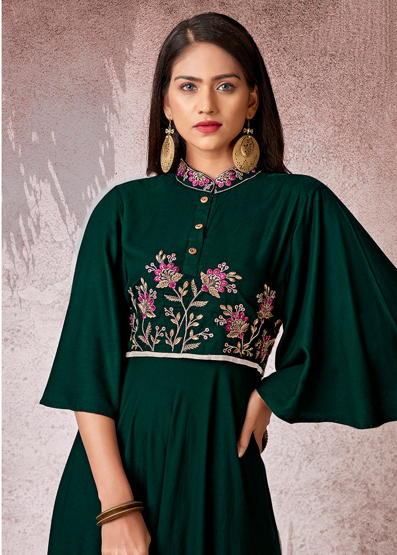 Gorgeous Bottle Green Rayon Embroidered Designer Kurti