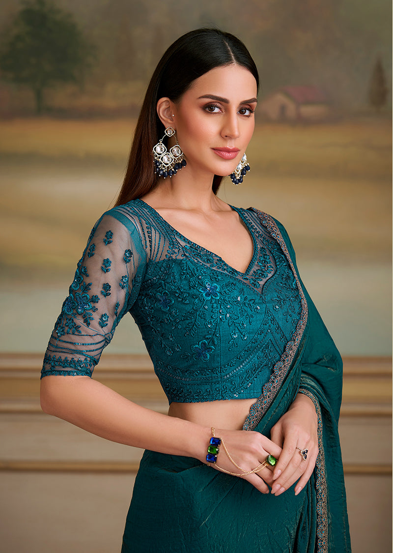 Bottle Green Shining Georgette Embroidered Border Party Trendy Saree