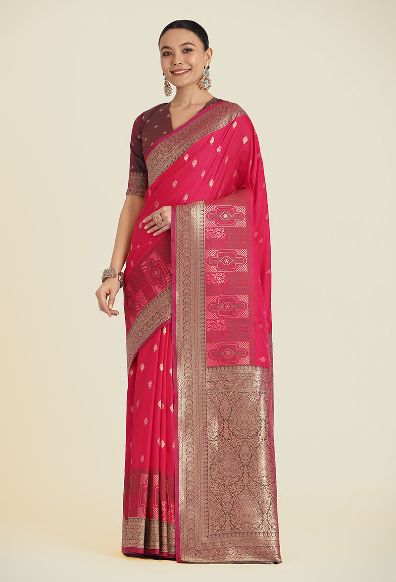 Bright Pink Banarasi Soft Silk Zari Work Trendy Saree