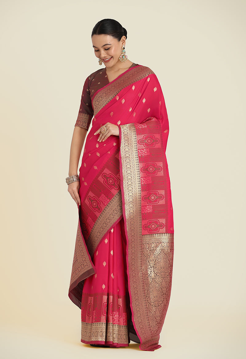 Bright Pink Banarasi Soft Silk Zari Work Trendy Saree