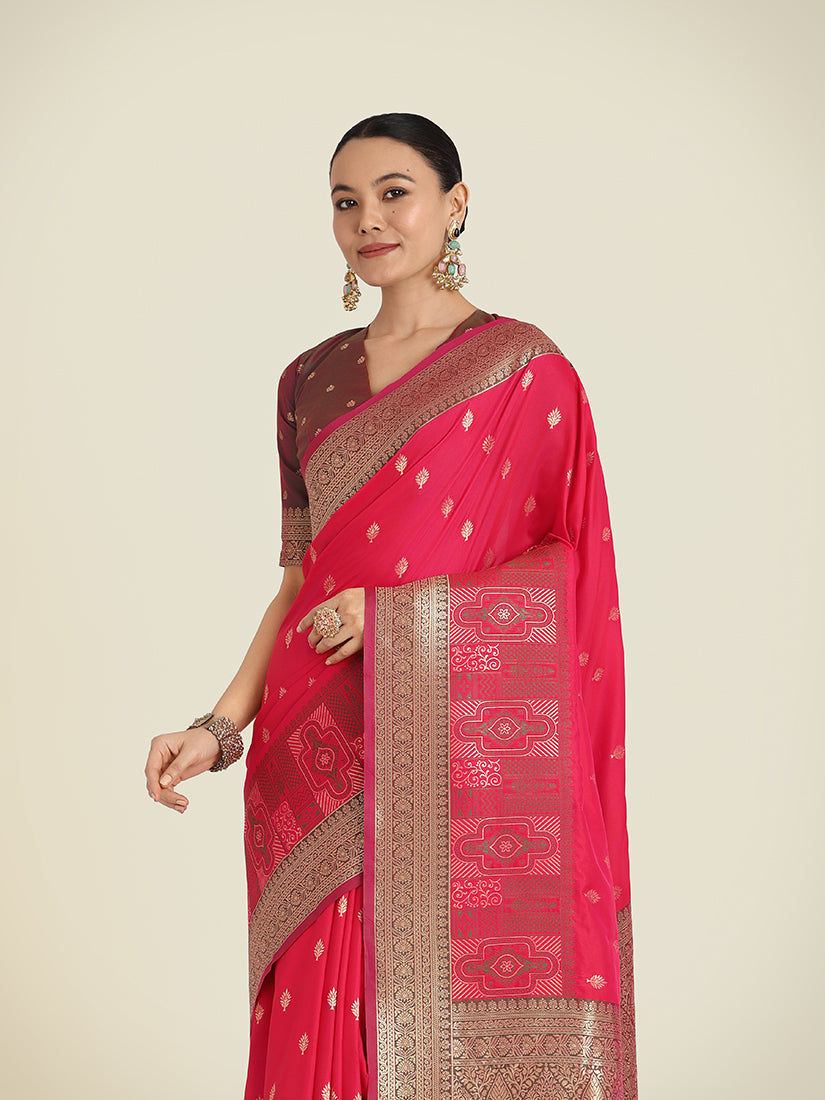 Bright Pink Banarasi Soft Silk Zari Work Trendy Saree