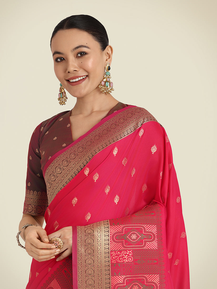 Bright Pink Banarasi Soft Silk Zari Work Trendy Saree