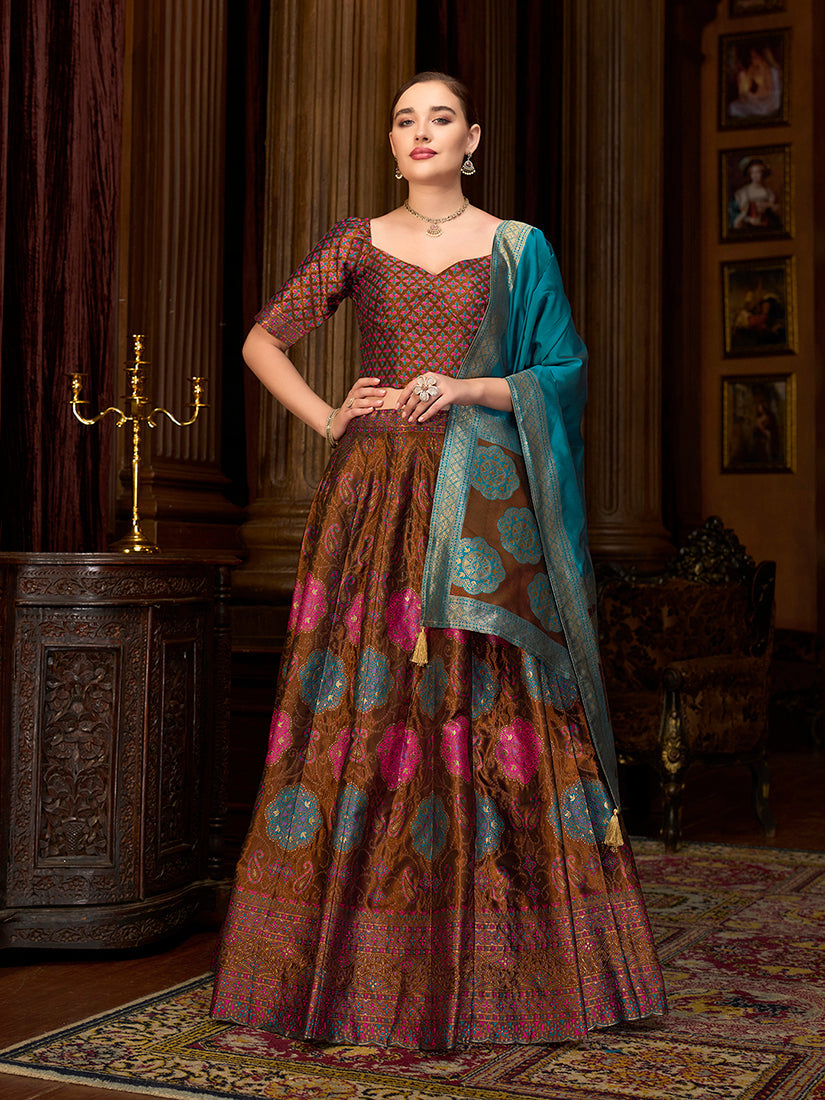 Brown Color Kanjiwaram Silk Jacquard Designer Lehenga Choli