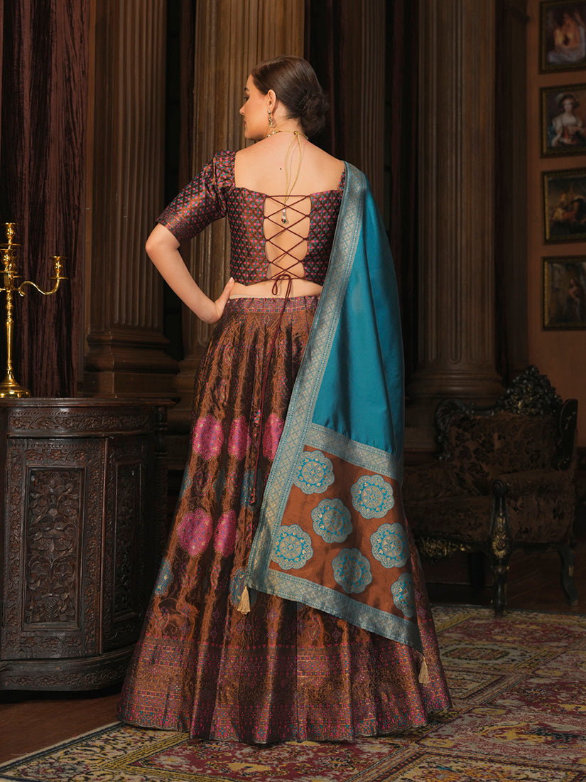 Brown Color Kanjiwaram Silk Jacquard Designer Lehenga Choli