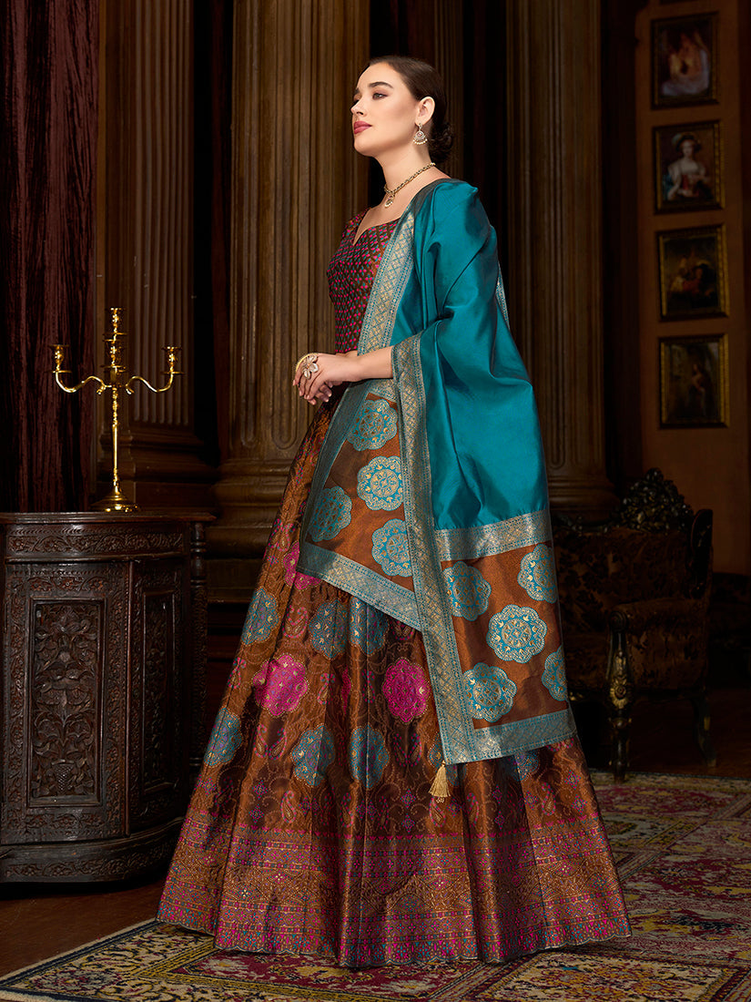 Brown Color Kanjiwaram Silk Jacquard Designer Lehenga Choli